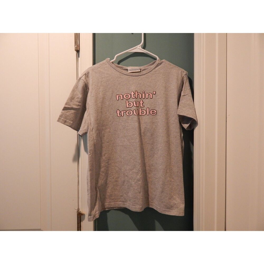 Vintage 90s Basic Editions Women's Large Nothin' But Trouble Glitter Graphic Tee